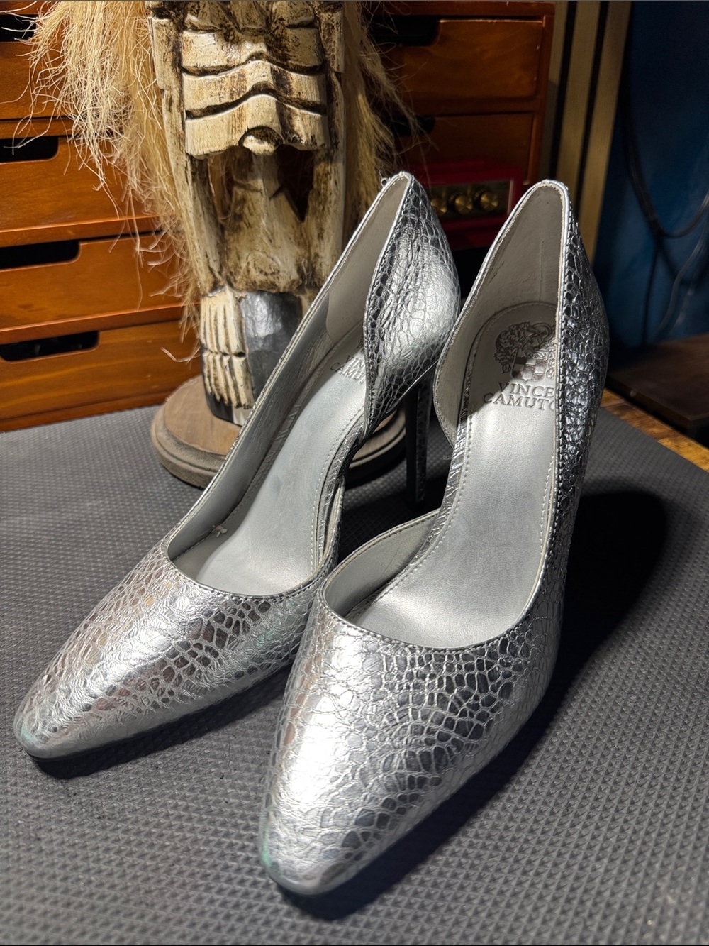 Vince Camuto Metallic Silver Croc-Embossed Pointed Pumps